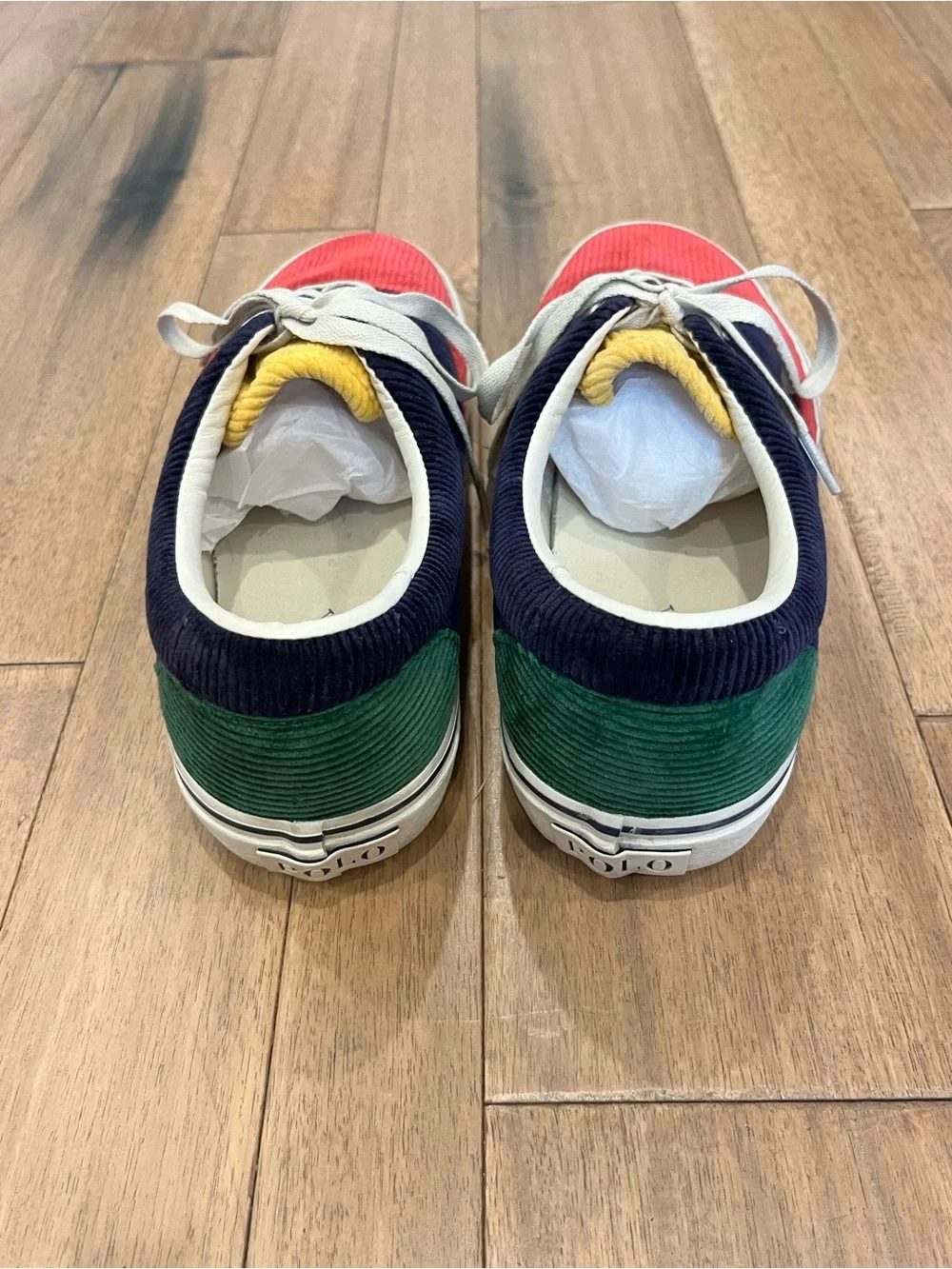 Polo by Ralph Lauren Red and Navy Corduroy Lace-Up Sneakers with Yellow Accents
